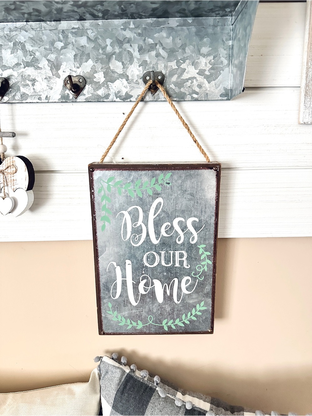 Farmhouse Galvanized Metal Wood Bless Our Home Hanging Shelf Sign